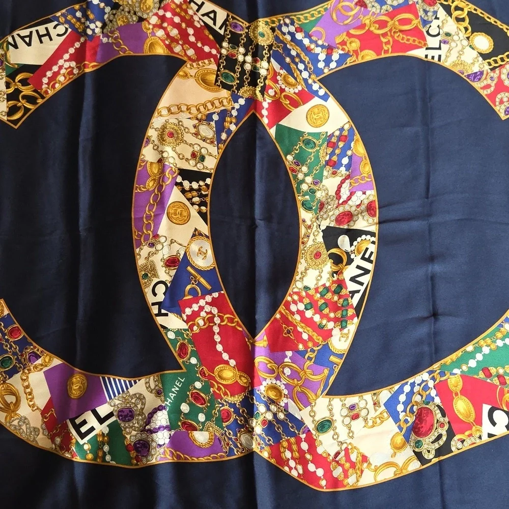 Chanel Navy and Multicolor Silk Scarf